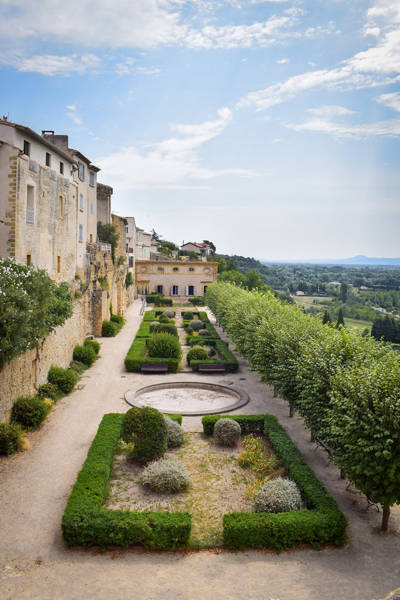 French formal gardens and valley view at Château de Lauris, Luberon, Provence
