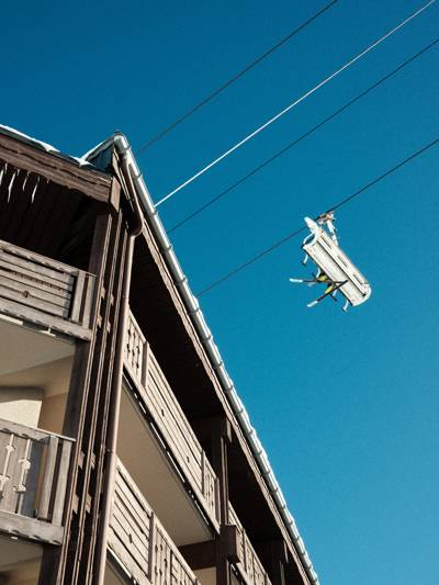 Ski lift in the blue sky at Val Thorens, highest ski resort in Europe, Beaumier