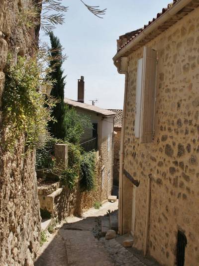 Stone alleyway in the village of Ménerbes, Luberon, lined with ancient limestone walls and Mediterranean vegetation