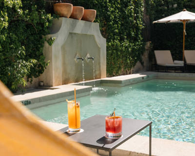 Poolside cocktails at Le Moulin, Beaumier hotel in Lourmarin, Luberon
