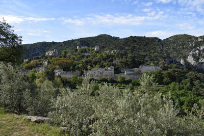 Panoramic view of Oppède-le-Vieux nestled in the Luberon hills, Provence