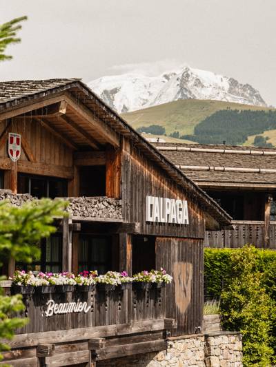 L'Alpaga Beaumier hotel facade with Mont Blanc view, luxury hotel in Megève