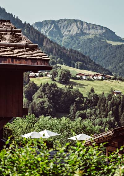 Alpine panorama from L'Alpaga hotel terrace, luxury restaurant with mountain view in Megève