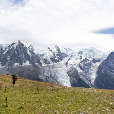 Hiking in the Alps with Mont Blanc view near Megève, Beaumier